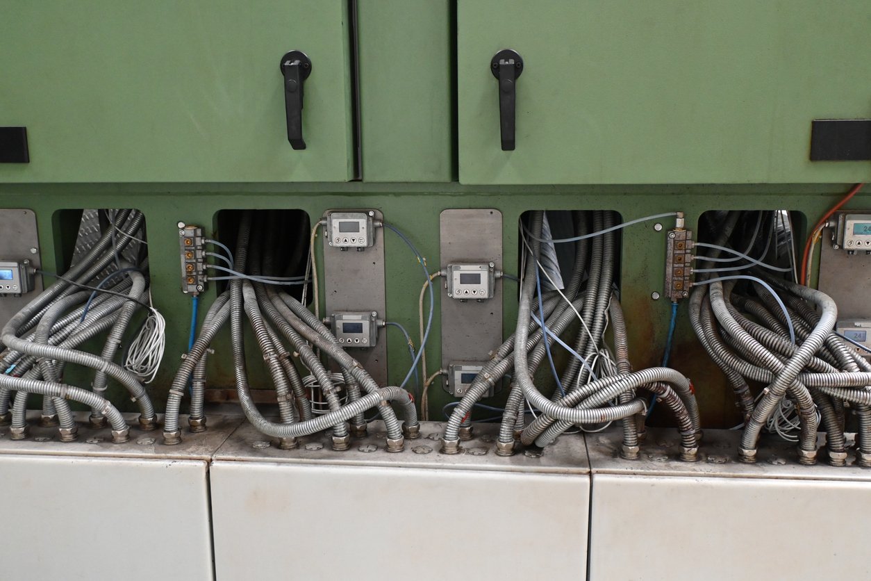 Electrical cables and terminations entering motor control panel with exposed wiring and conduits