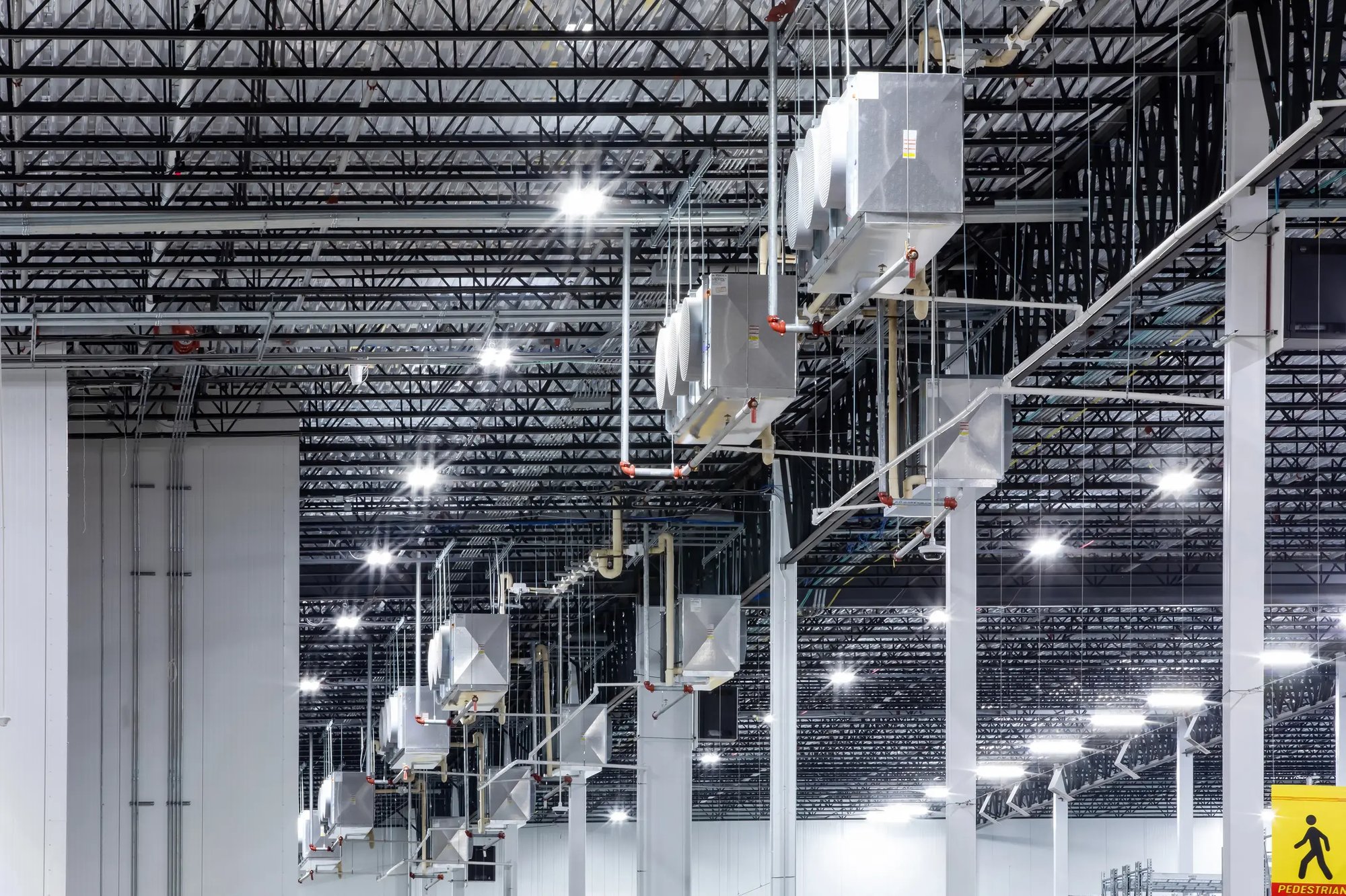 Refrigeration system mounted on ceiling of cold storage warehouse stock photo