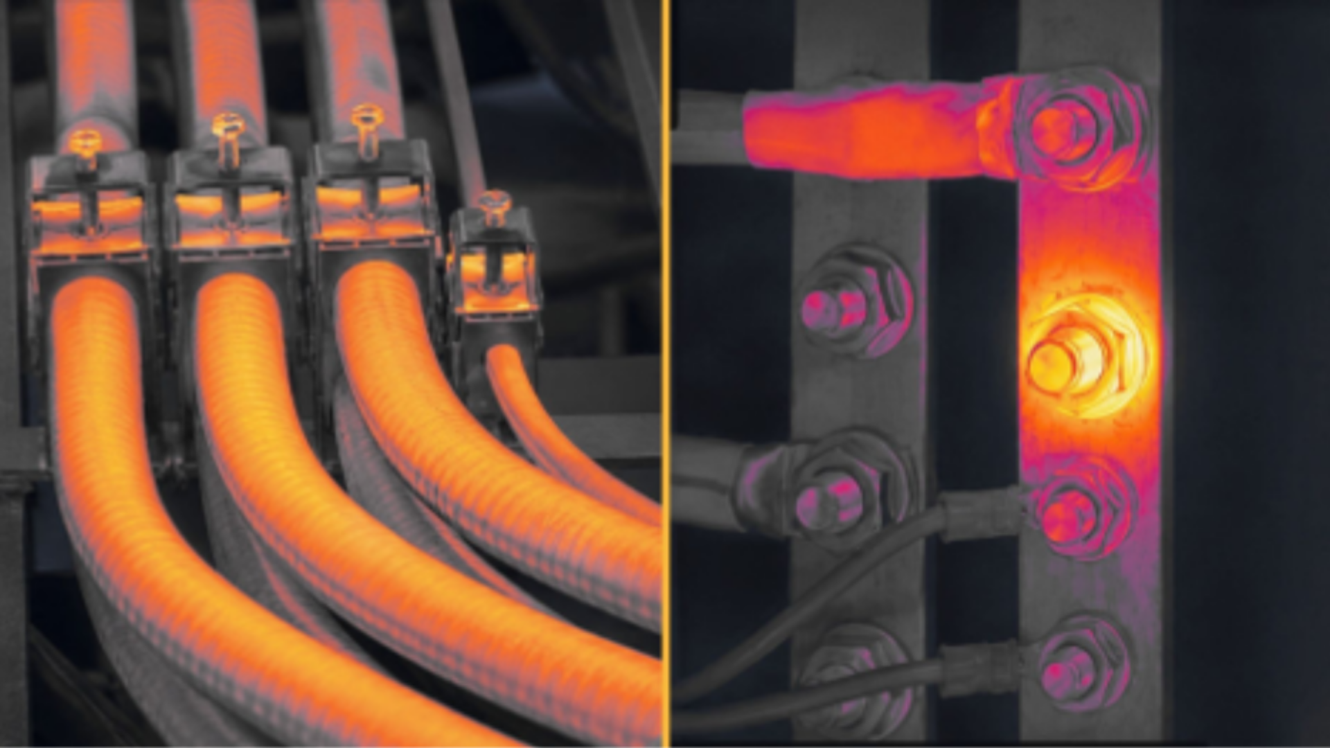 Thermal image overlay of an industrial electrical busbar inside a power distribution panel, highlighting a hotspot at one lug termination caused by localized overheating from a degrading electrical connection
