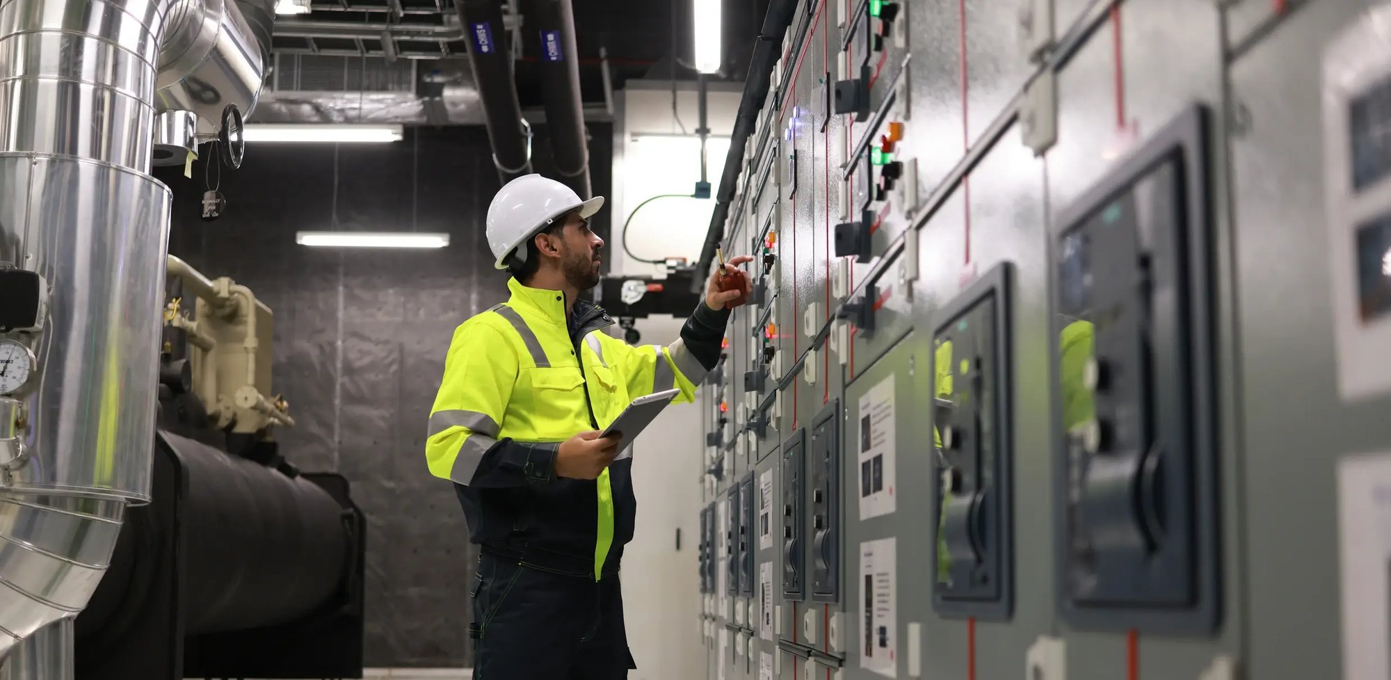 iStock-2148180187-Engineers working in the main control room electrical HVAC system.