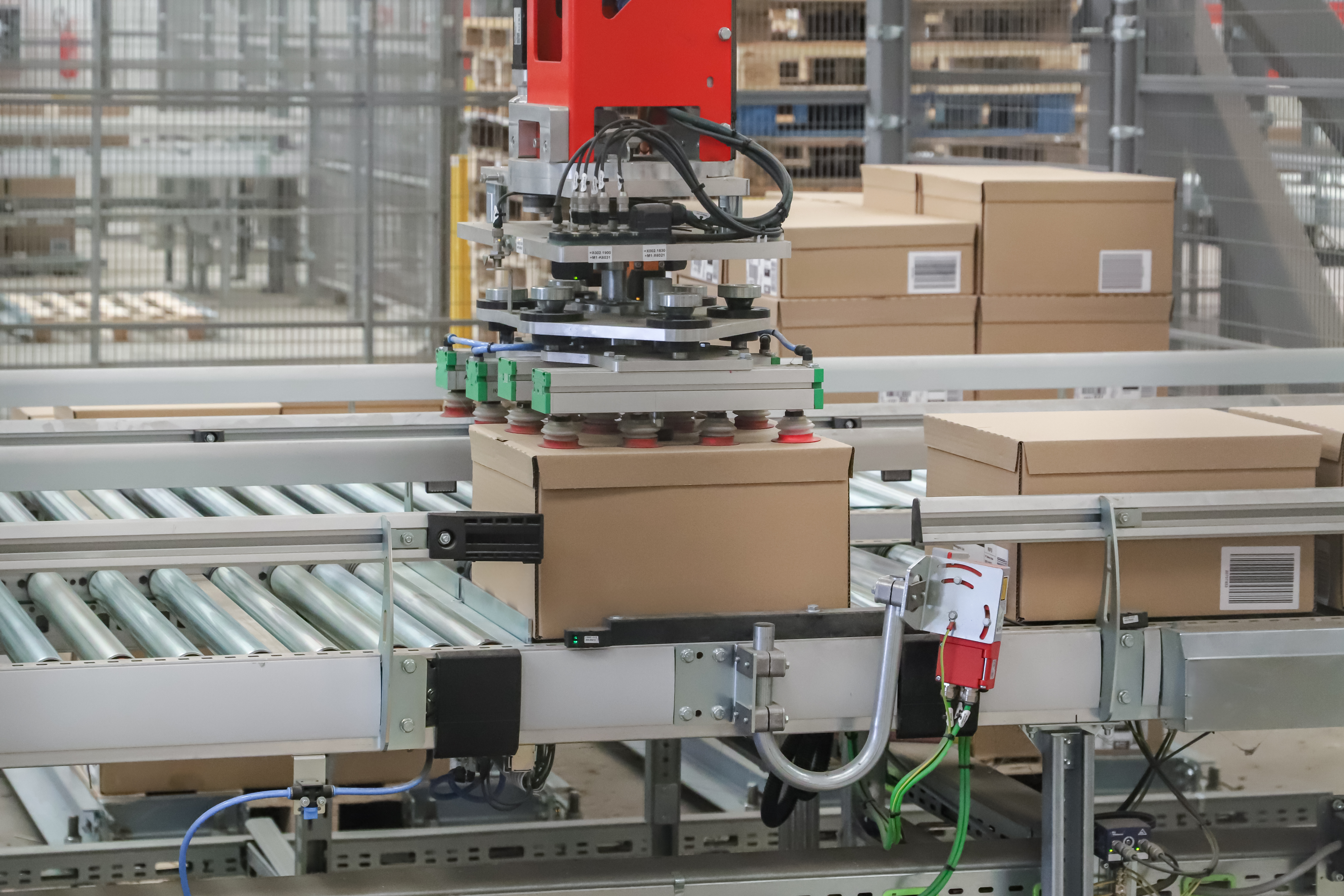 Palletizer - packing line in a logistics warehouse