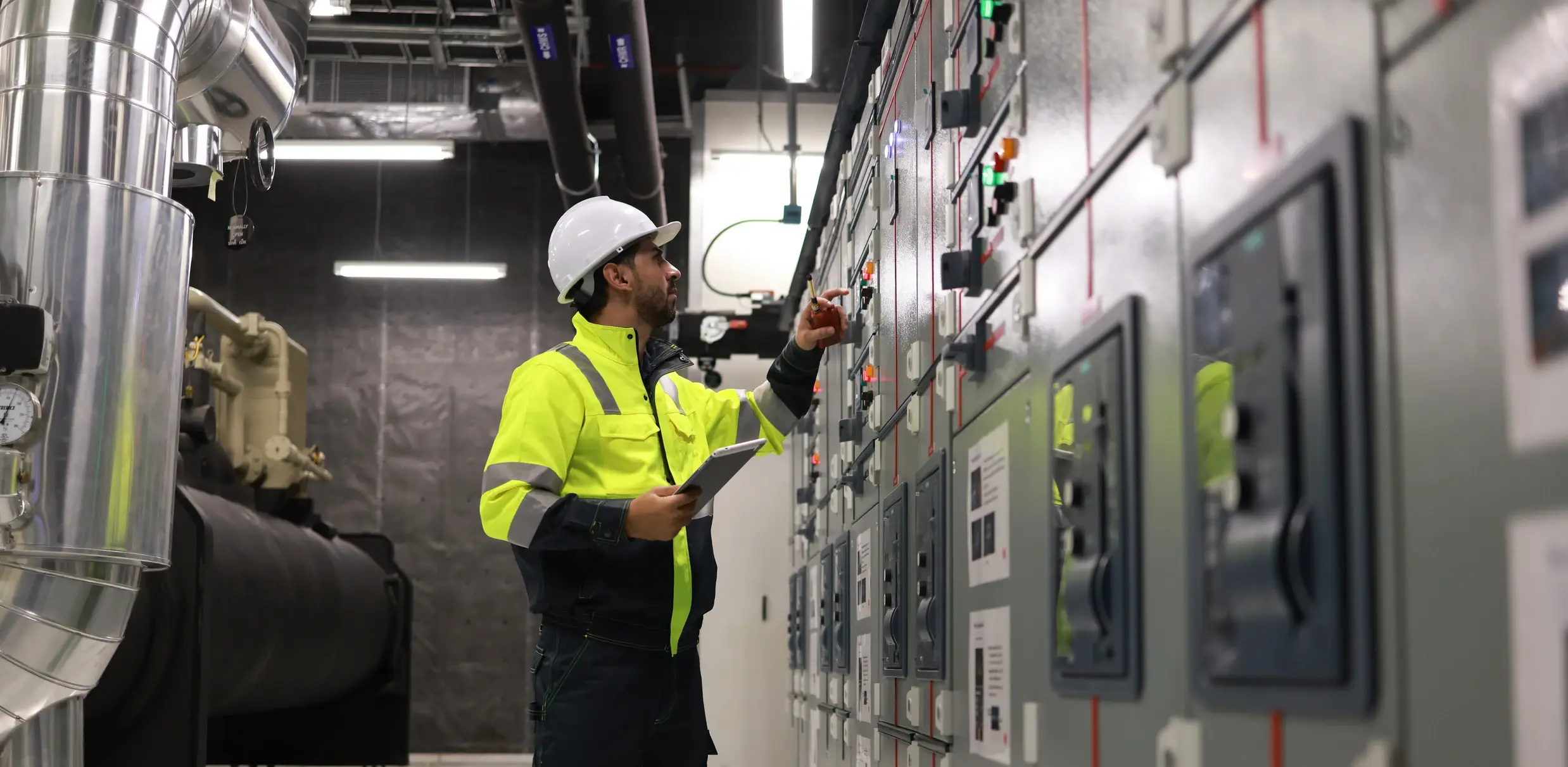 iStock-2148180187-Engineers working in the main control room electrical HVAC system.
